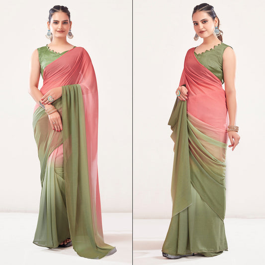 Pink & Olive Green Printed Georgette Saree