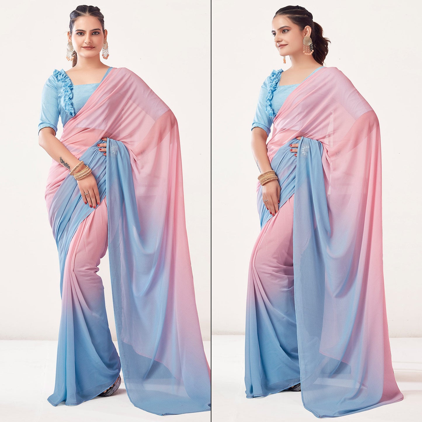 Peach & Sky Blue Printed Georgette Saree