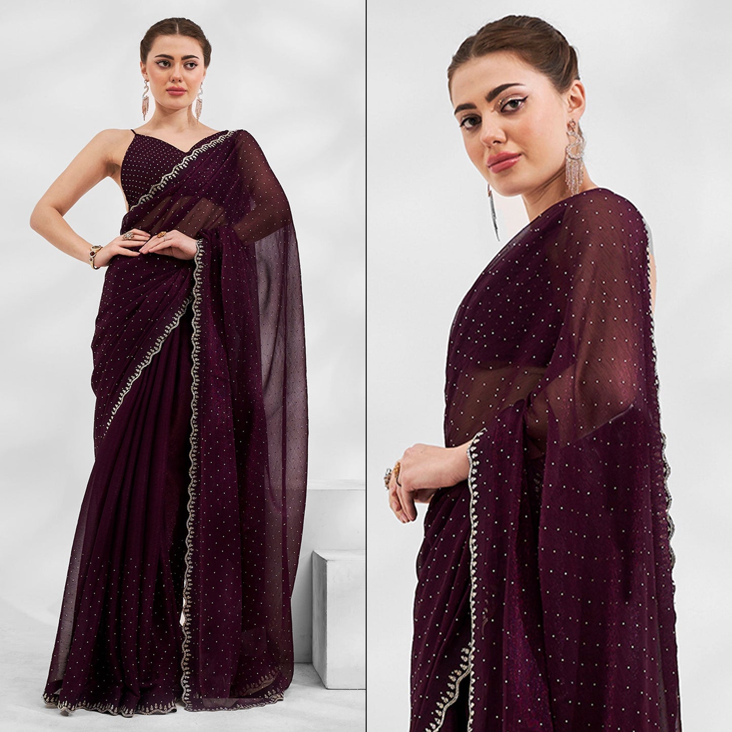 Wine Embroidered Swaroski Work Chiffon Saree