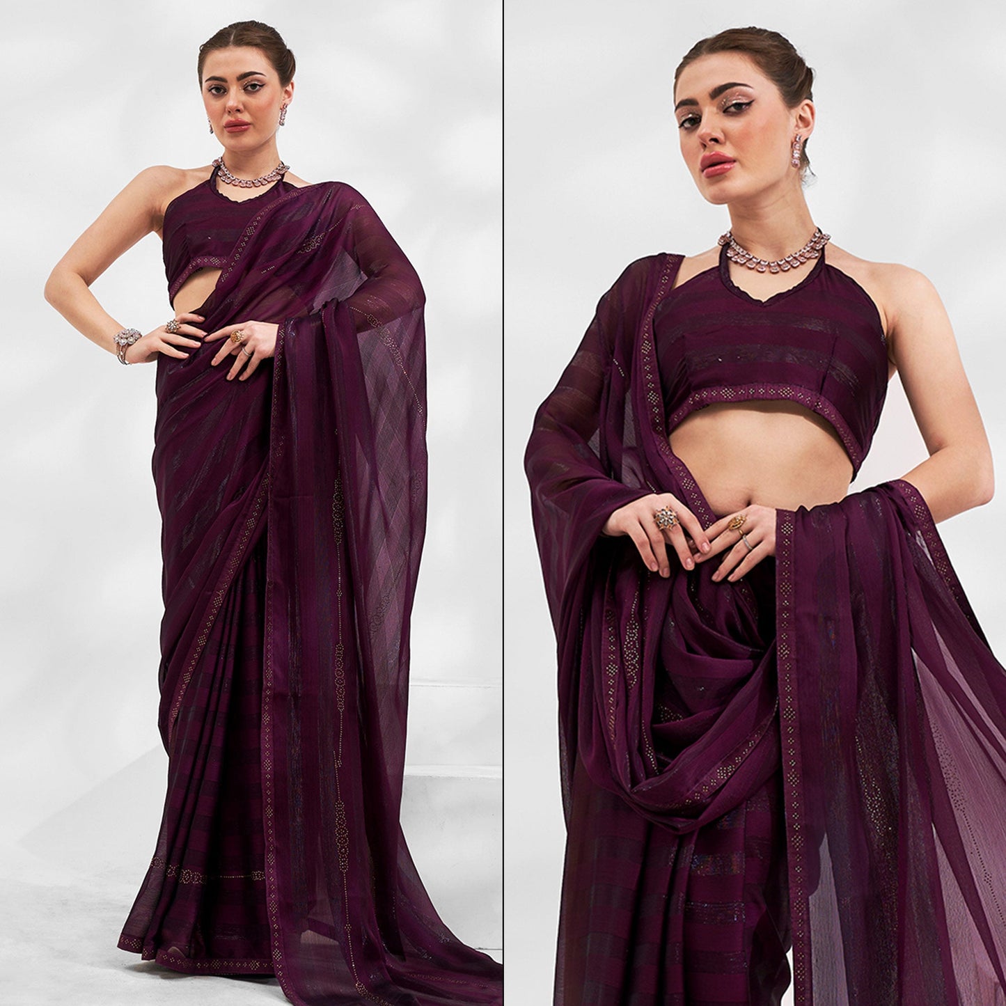 Purple Embroidered Chiffon Saree With Swaroski Work