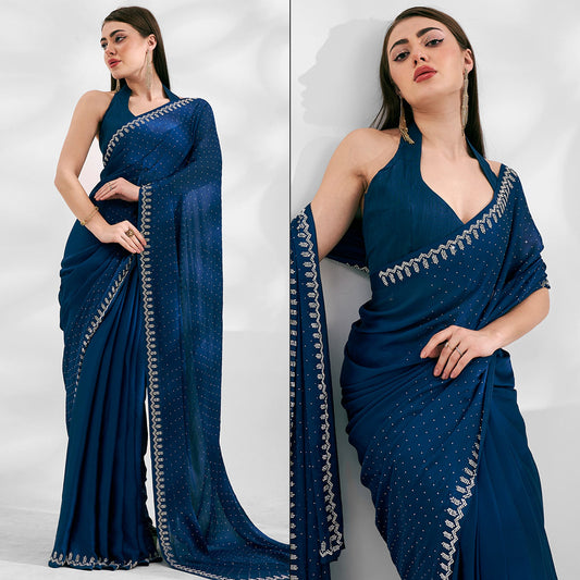 Blue Embroidered Beads & Stones Chiffon Saree