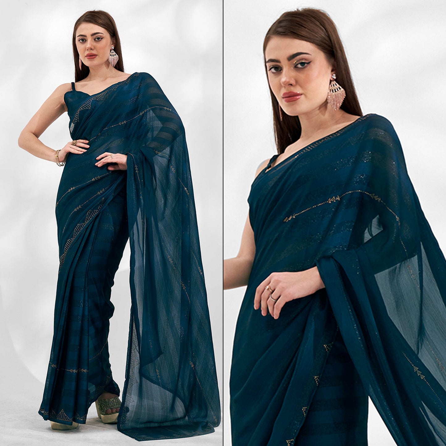 Morpich Blue Embroidered Swaroski Work Chiffon Saree