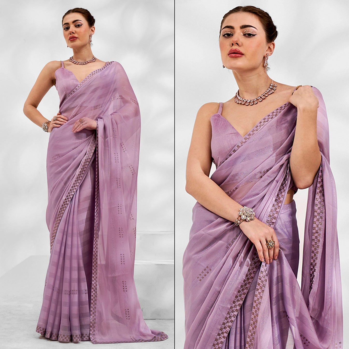 Light Purple Embroidered Swaroski Work Chiffon Saree