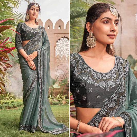 Grey Solid With Embroidered Border Chiffon Saree