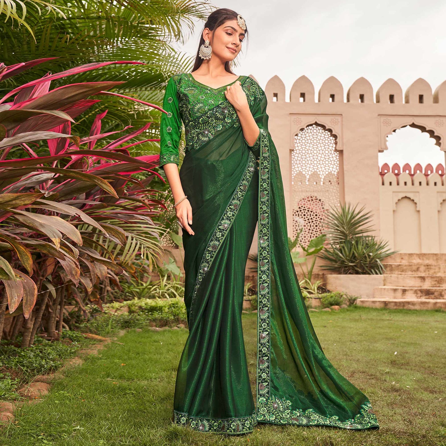 Green Solid With Embroidered Border Chiffon Saree