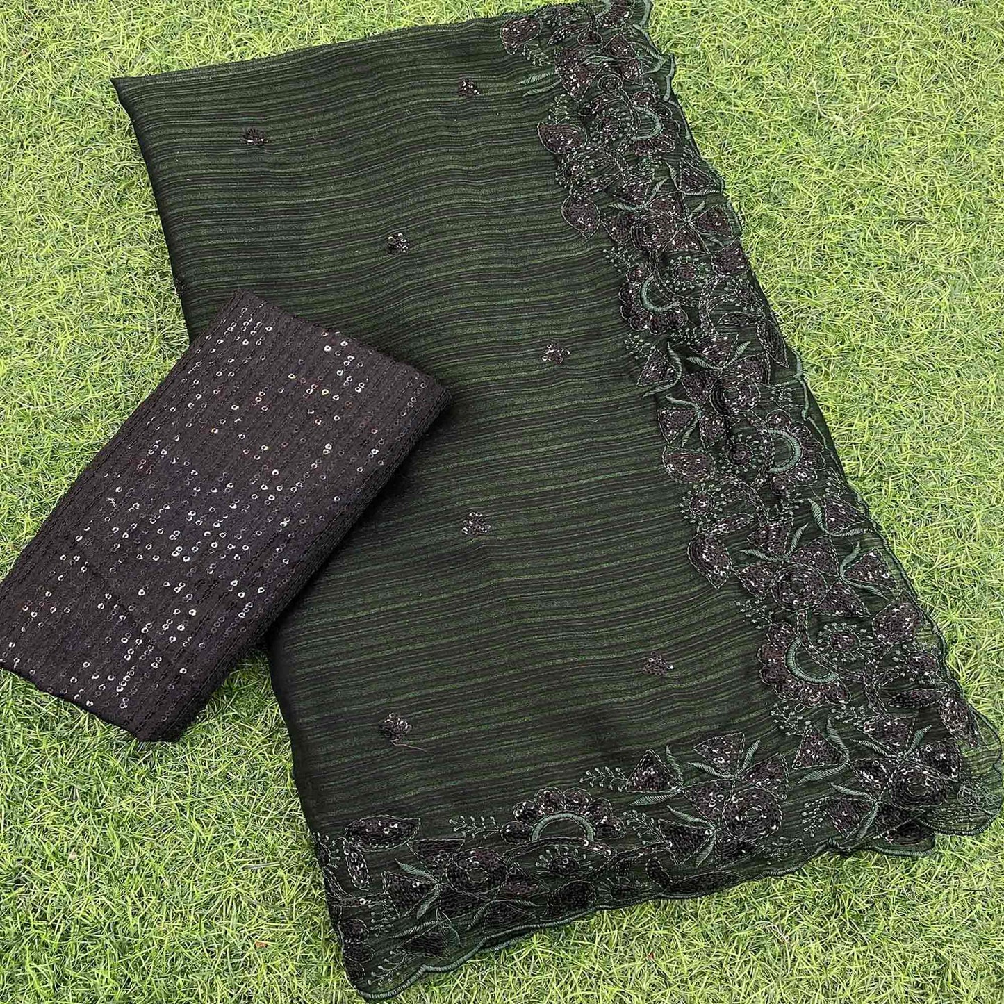 Dark Green Sequins Embroidered Chiffon Saree