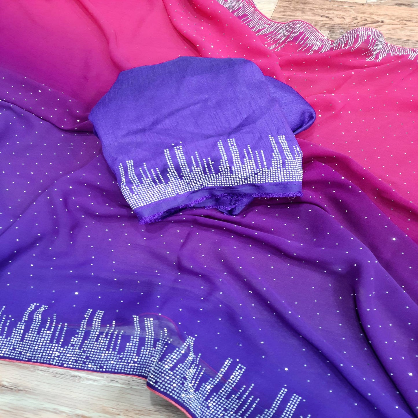 Pink & Purple Swarovski Work Georgette Saree