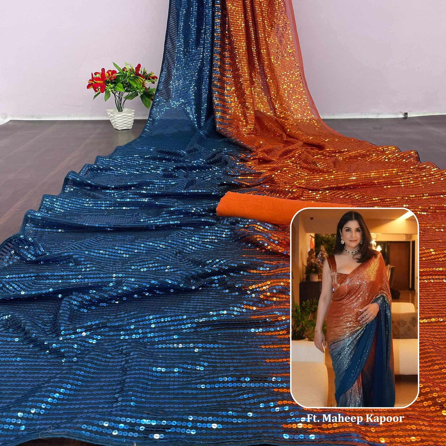 Orange & Morpich Sequins Digital Print Georgette Half N Half Saree