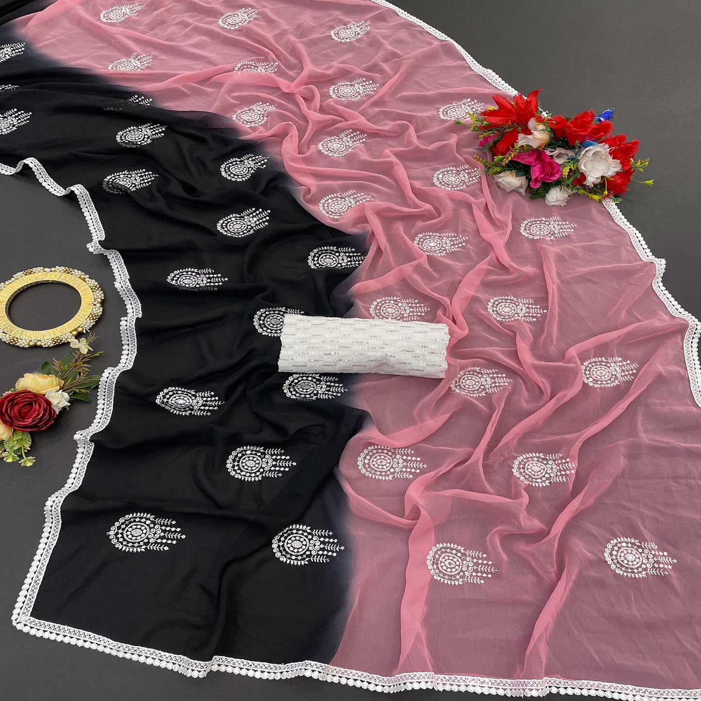 Pink & Black Sequins Embroidered Georgette Saree