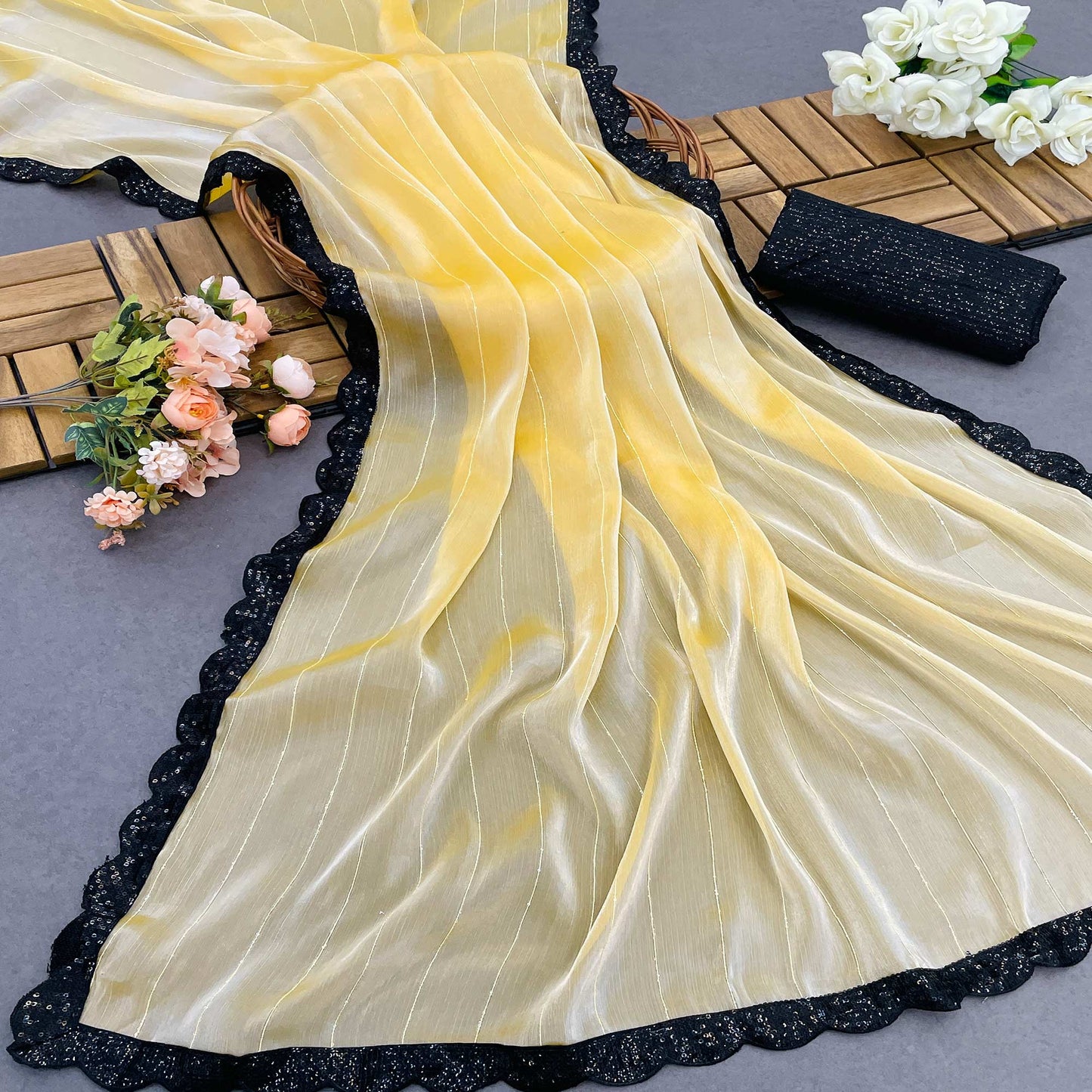 Yellow Sequins Embroidered Chiffon Saree