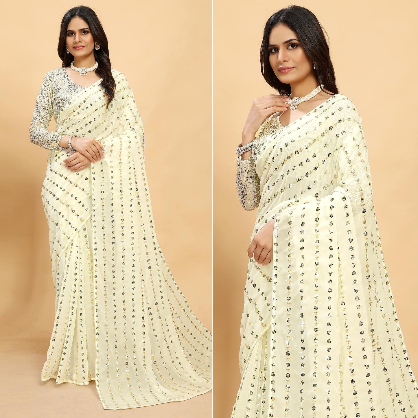 Off White Sequins Embroidered Georgette Saree