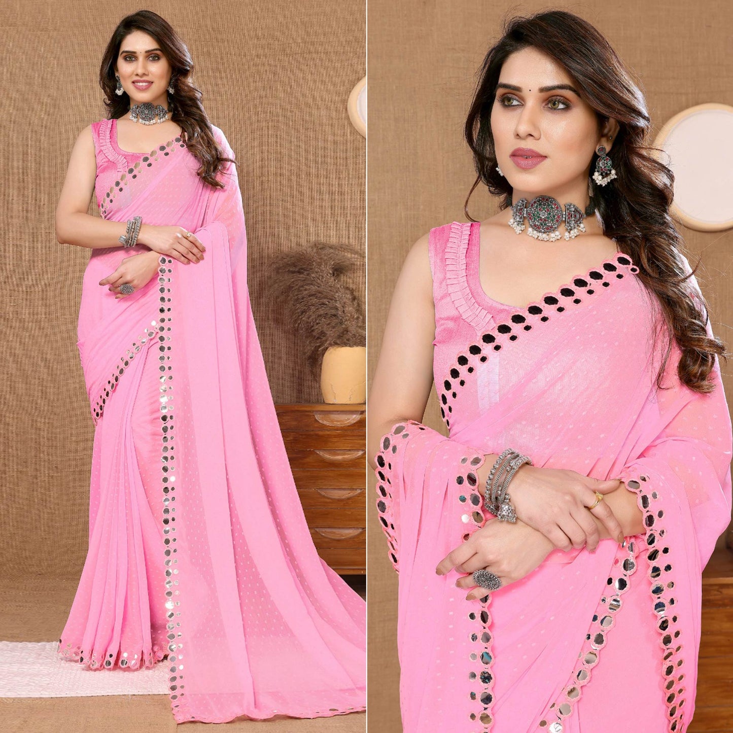 Light Pink Embroidered Butti Work Georgette Saree