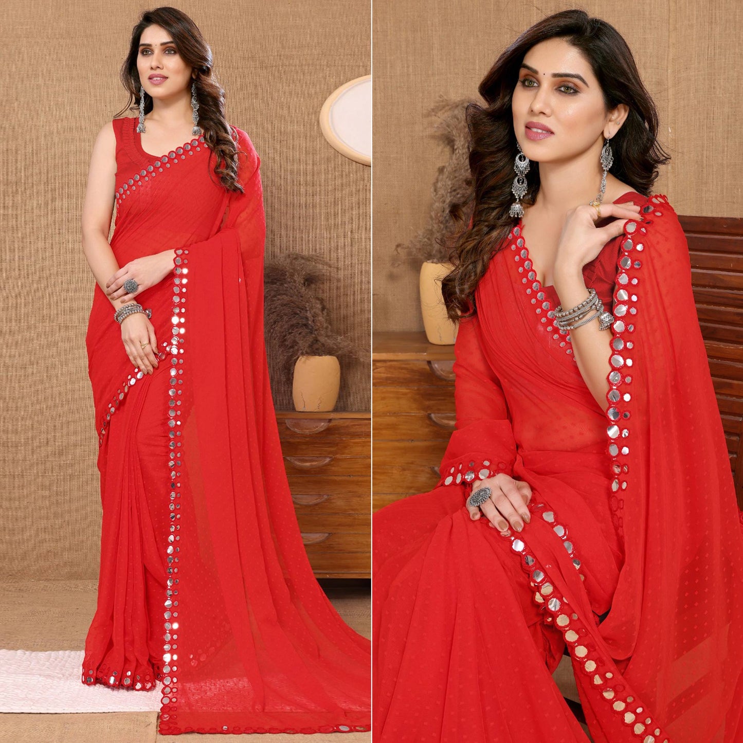 Red Embroidered Butti Work Georgette Saree