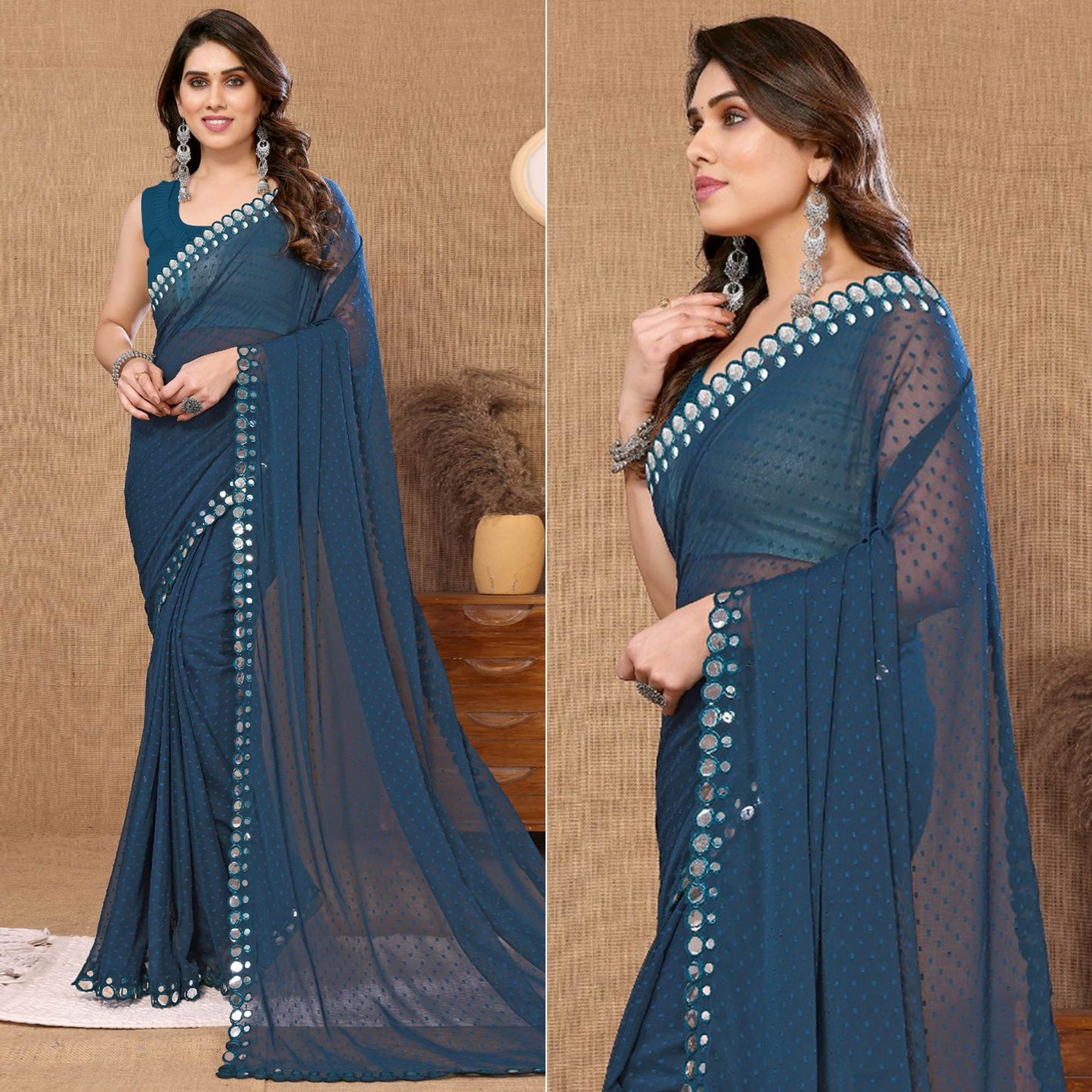 Teal Blue Embroidered Butti Work Georgette Saree