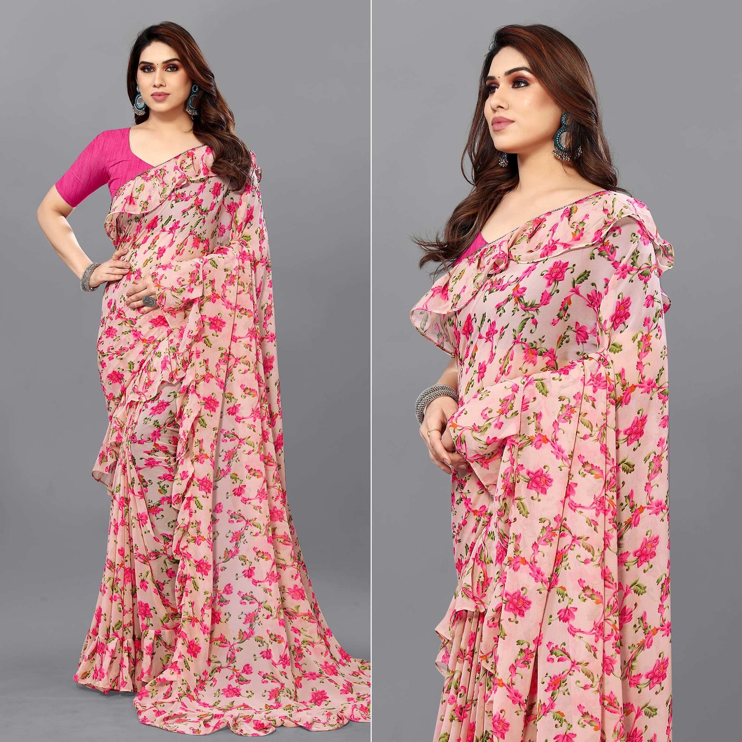 Peach Floral Printed Georgette Saree