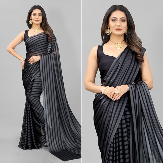 Grey Striped Printed Art Silk Saree