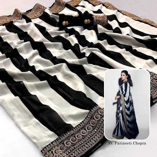 Black & White Striped Printed Georgette Saree