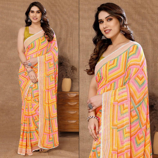 Yellow Geometric Printed Ready To Wear Georgette Saree