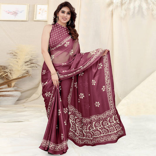 Wine Floral Printed Chiffon Saree