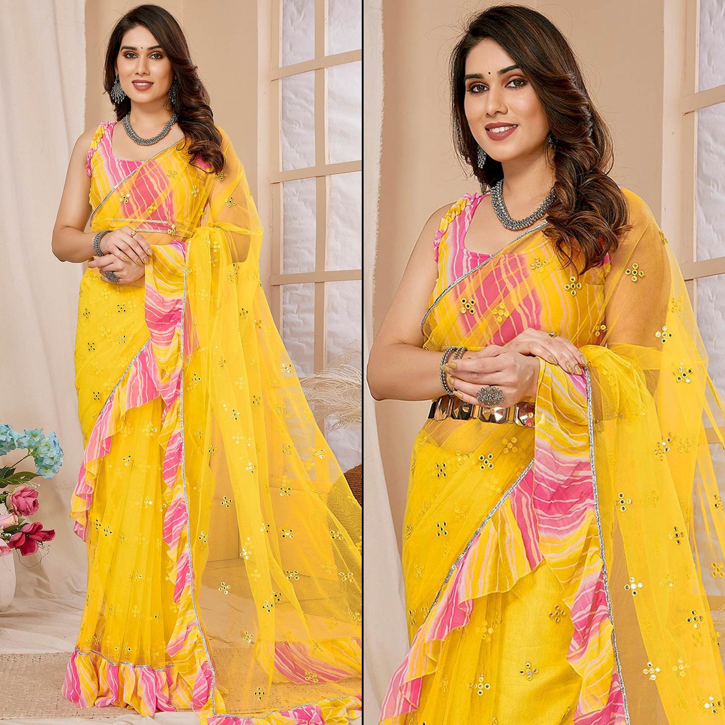 Yellow Embroidered Georgette Ruffle Saree