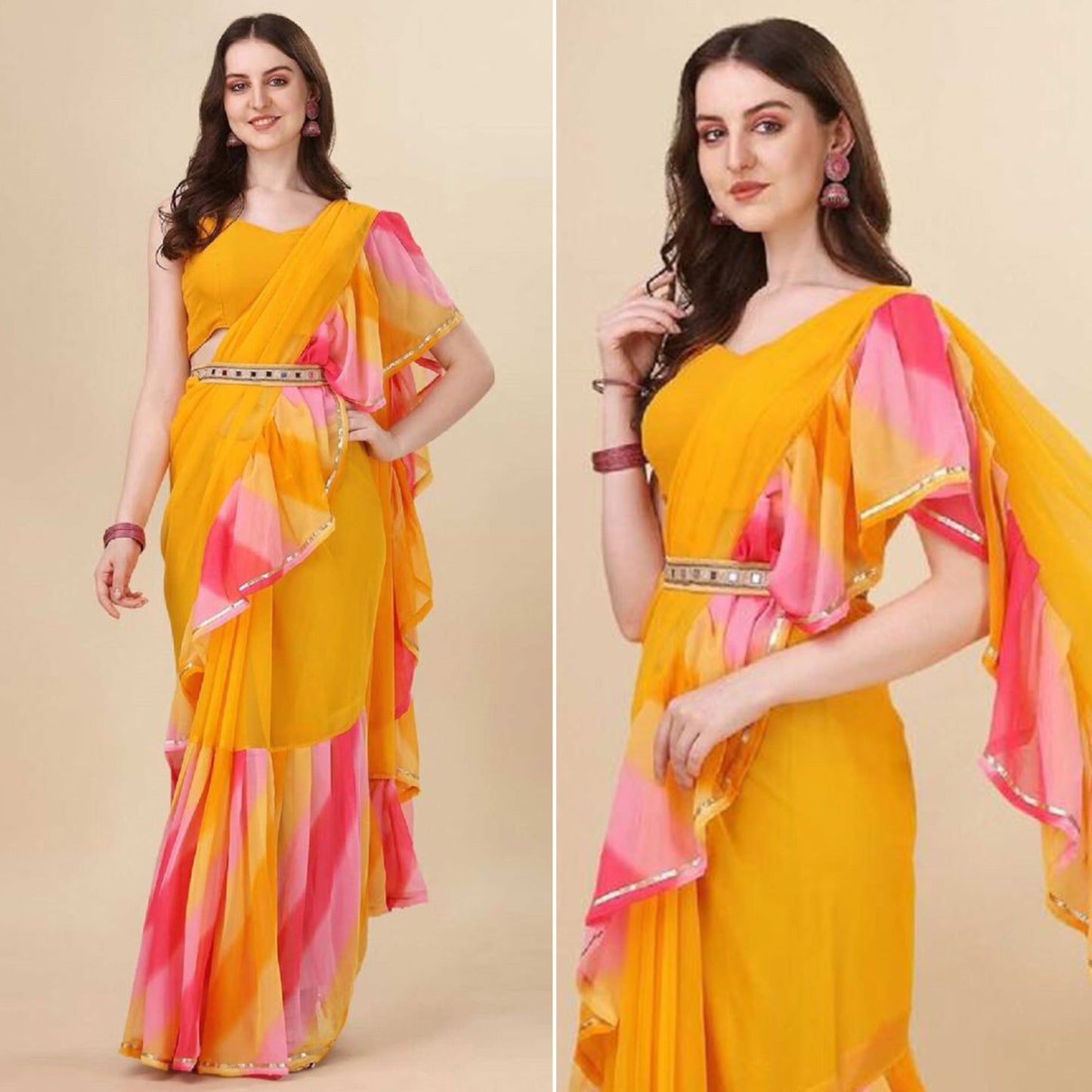 Yellow Printed Georgette Ruffle Saree