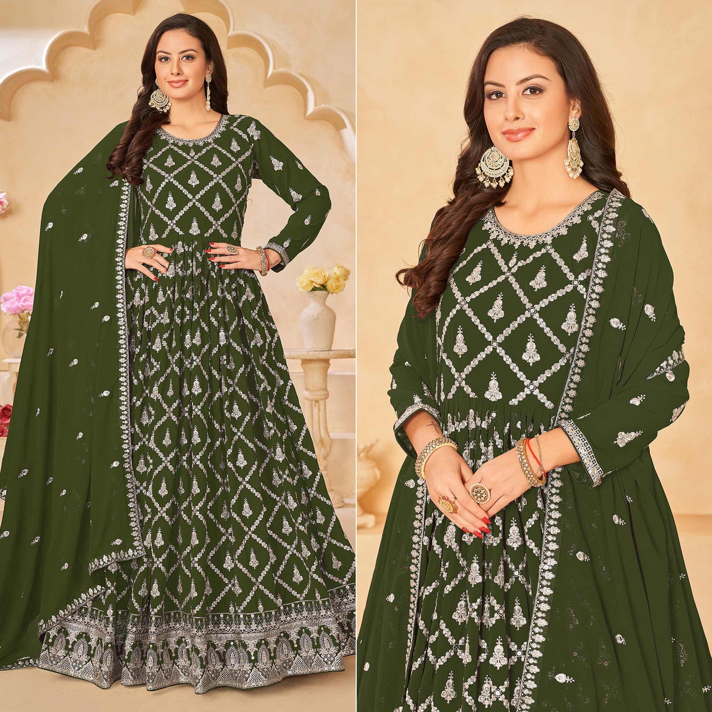 Mehendi Green Floral Embroidered Georgette Semi Stitched Anarkali Suit