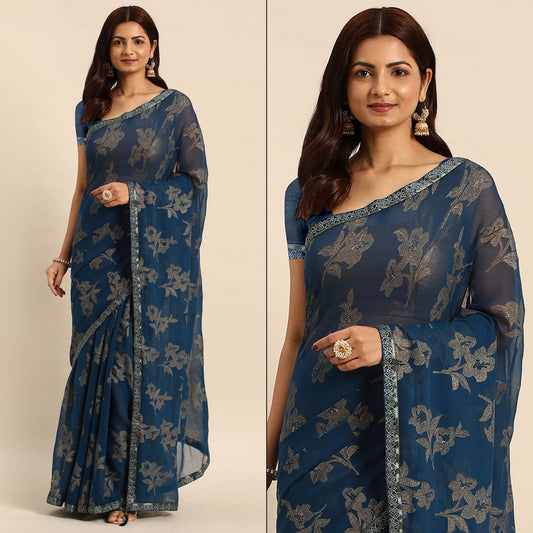 Blue Floral Foil Printed Zomato Saree