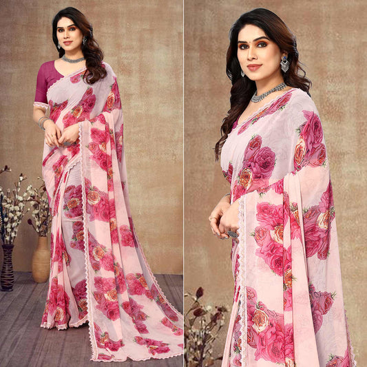 Light Peach Floral Printed Georgette Saree With Lace Border