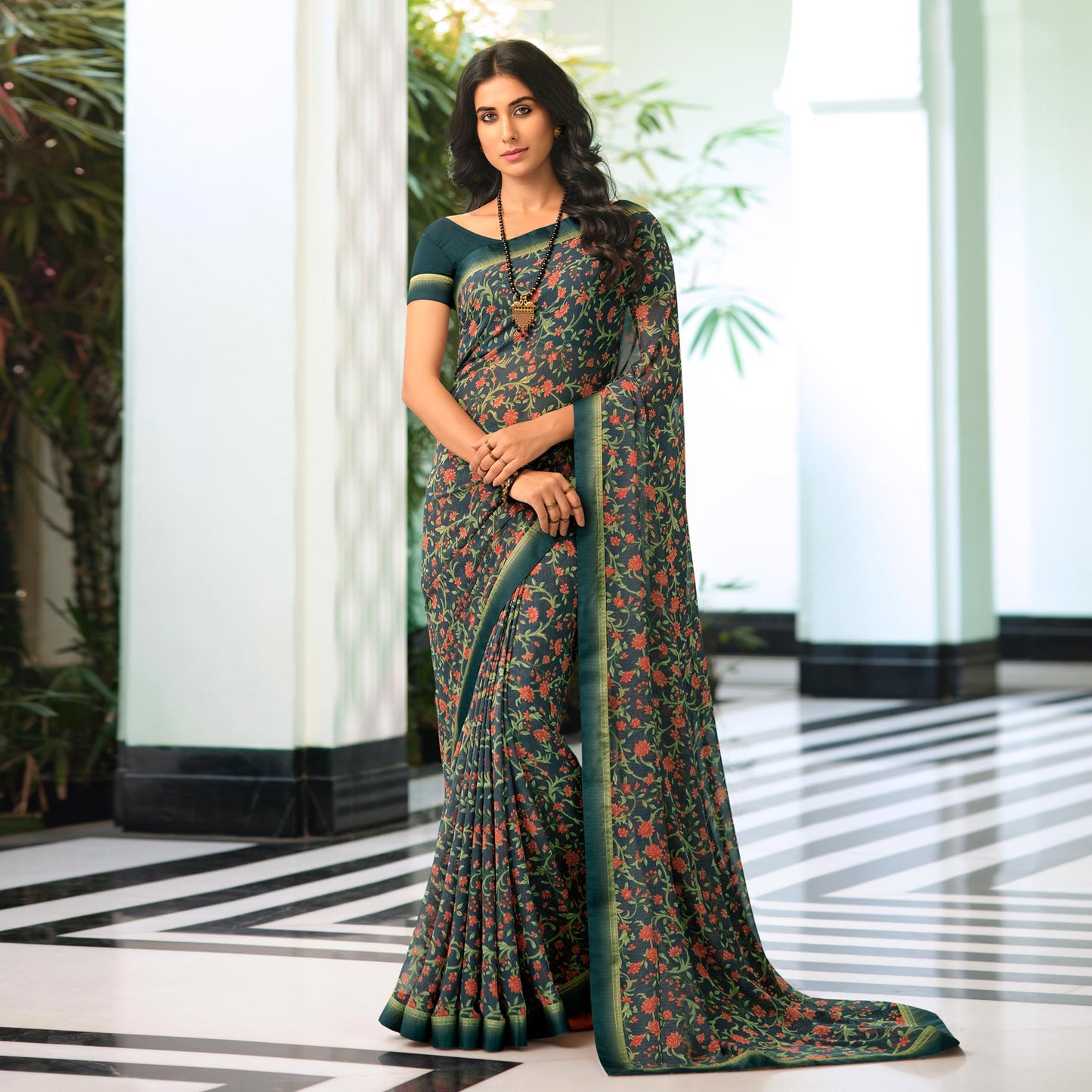 Bottle Green Floral Printed Georgette Saree