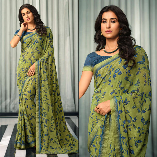 Mehendi Green Floral Printed Georgette Saree