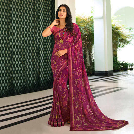 Purple Floral Printed Georgette Saree