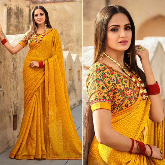 Yellow Bandhani Printed With Embroidered Border Chiffon Saree