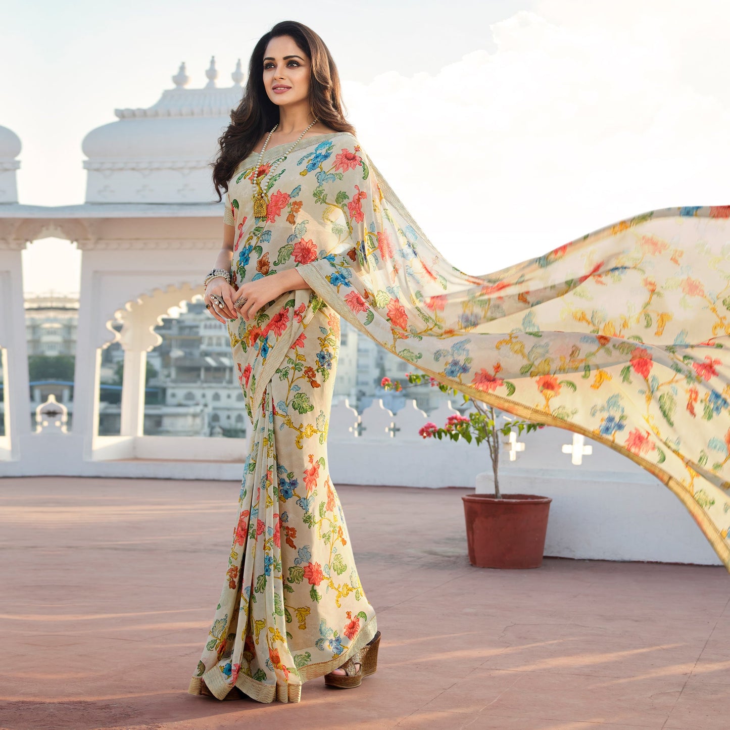 Off White Floral Printed With Embroidered Border Georgette Saree