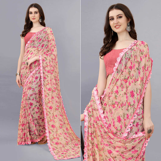 Pink Floral Printed Georgette Saree