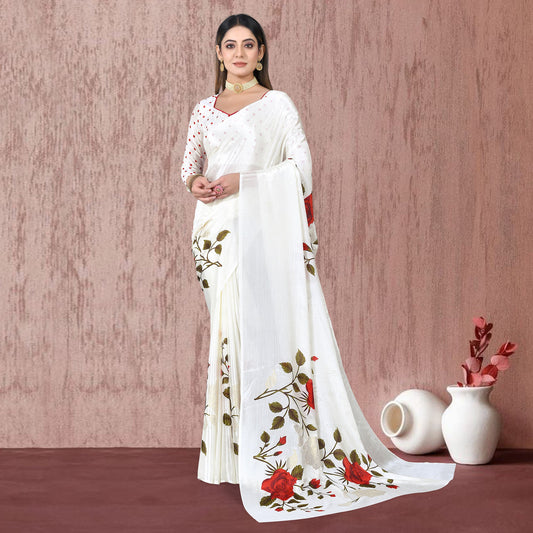 White Floral Foil Printed Chiffon  Saree