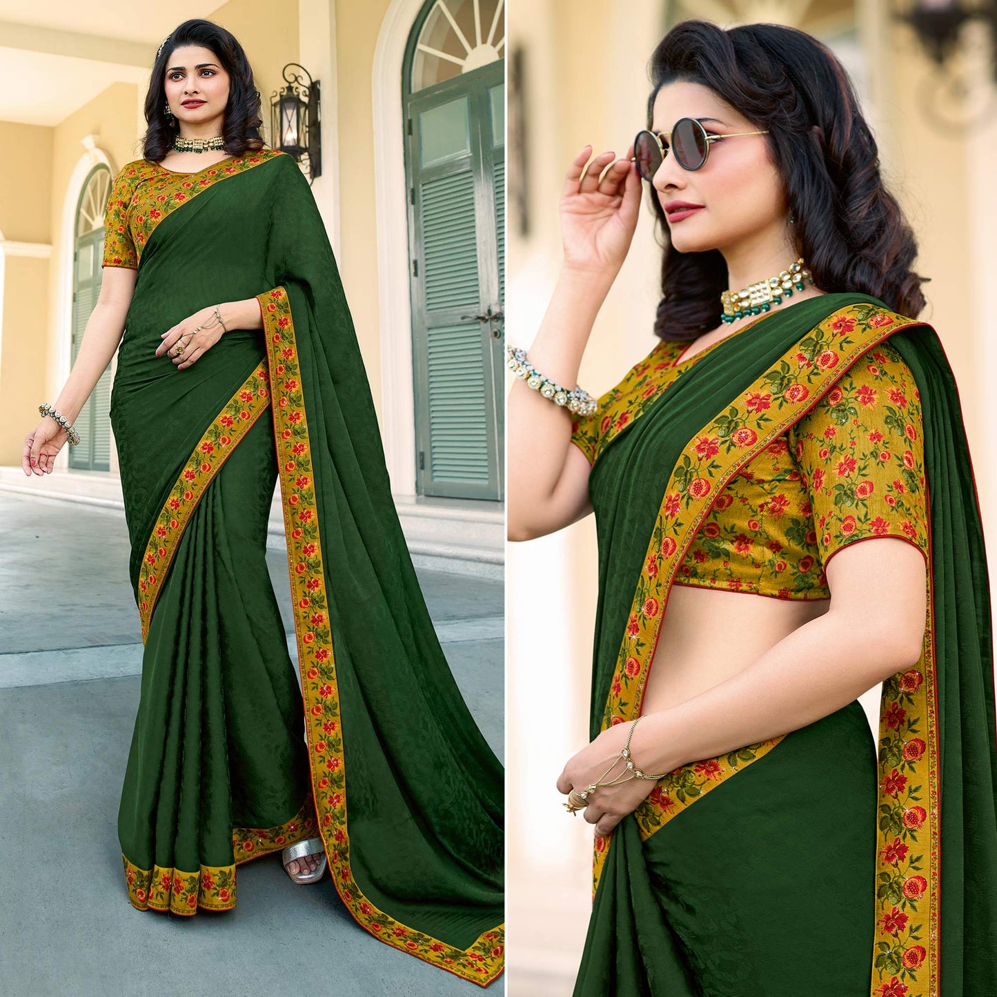 Bottle Green Floral Digital Printed Georgette Saree