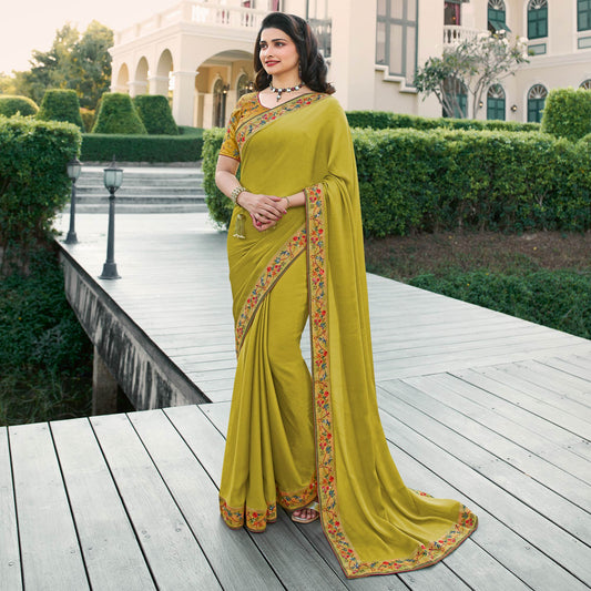 Olive Green Floral Digital Printed Georgette Saree