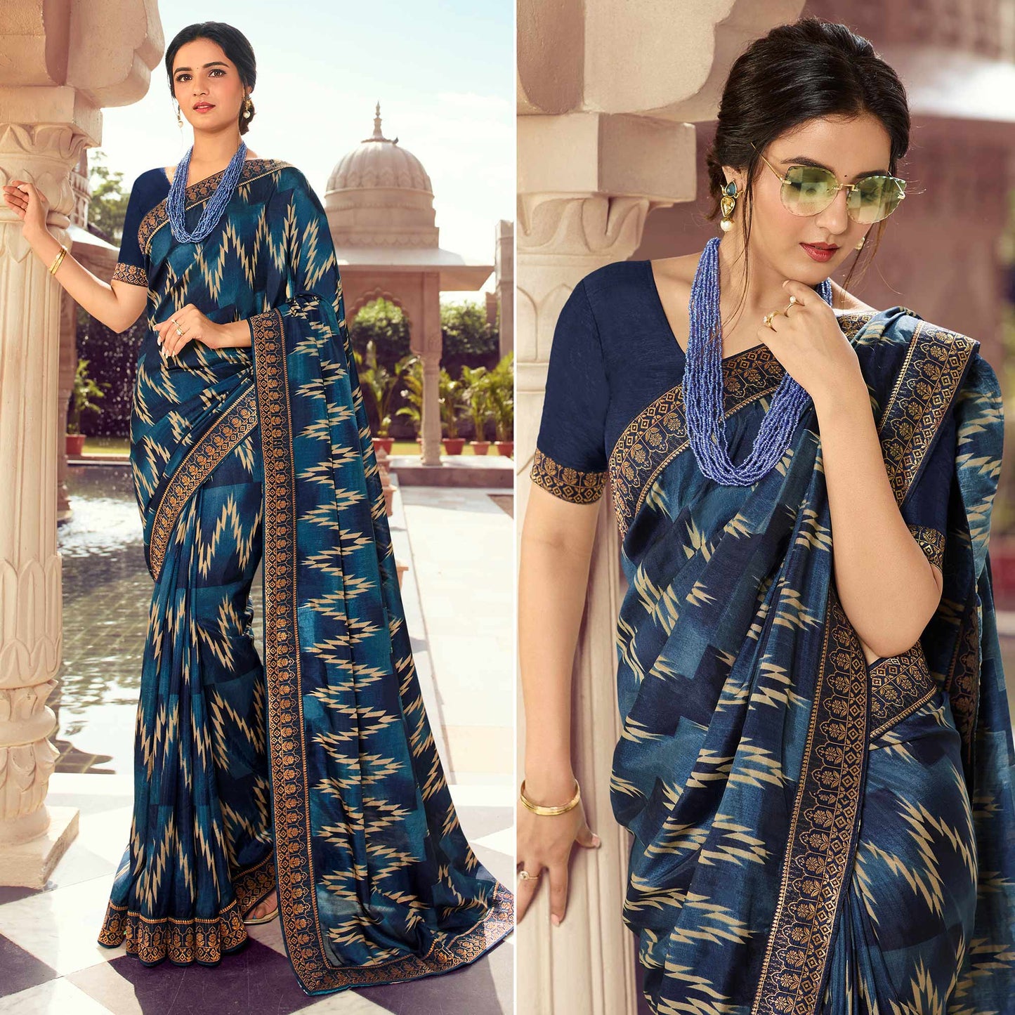 Navy Blue Printed Art Silk Saree