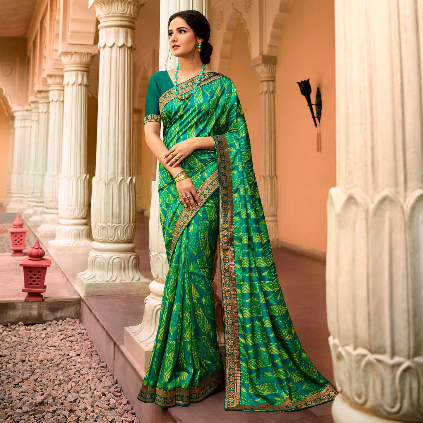 Parrot Green Printed Art Silk Saree