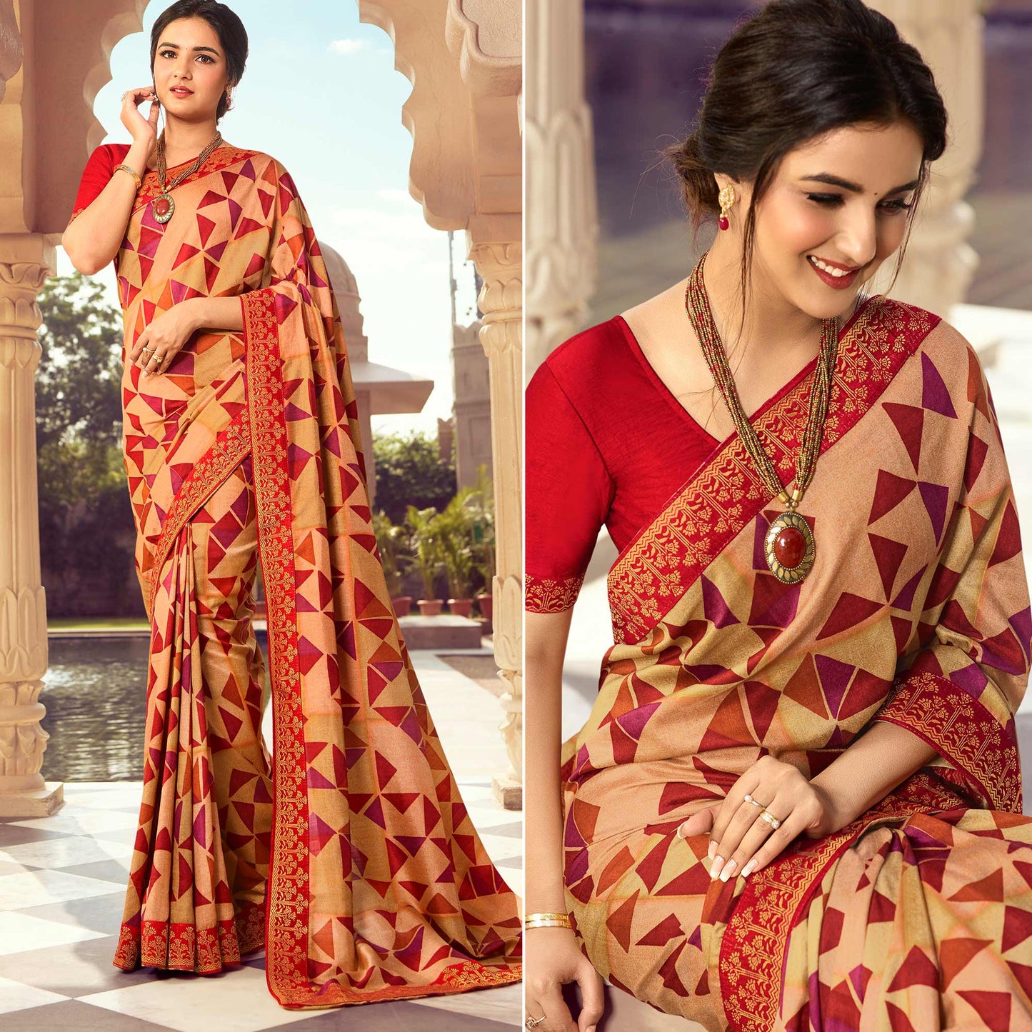 Peach Printed Art Silk Saree