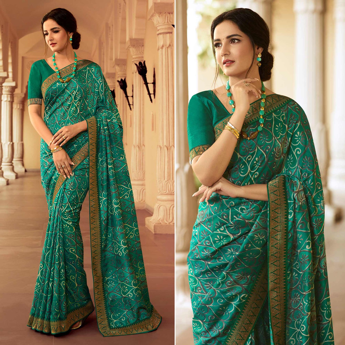 Rama Green Printed Art Silk Saree