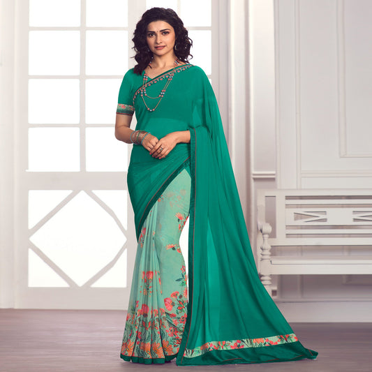 Turquoise Floral Printed Georgette Saree