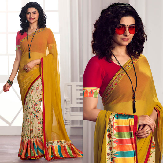 Yellow Floral Printed Georgette Saree