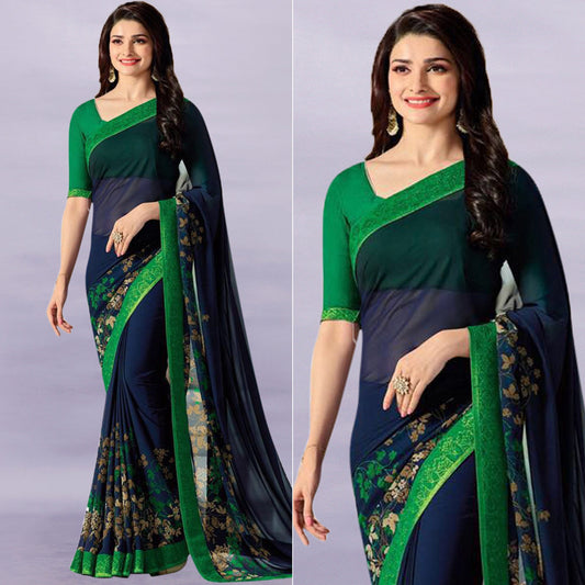 Navy Blue & Green Floral Printed Georgette Saree