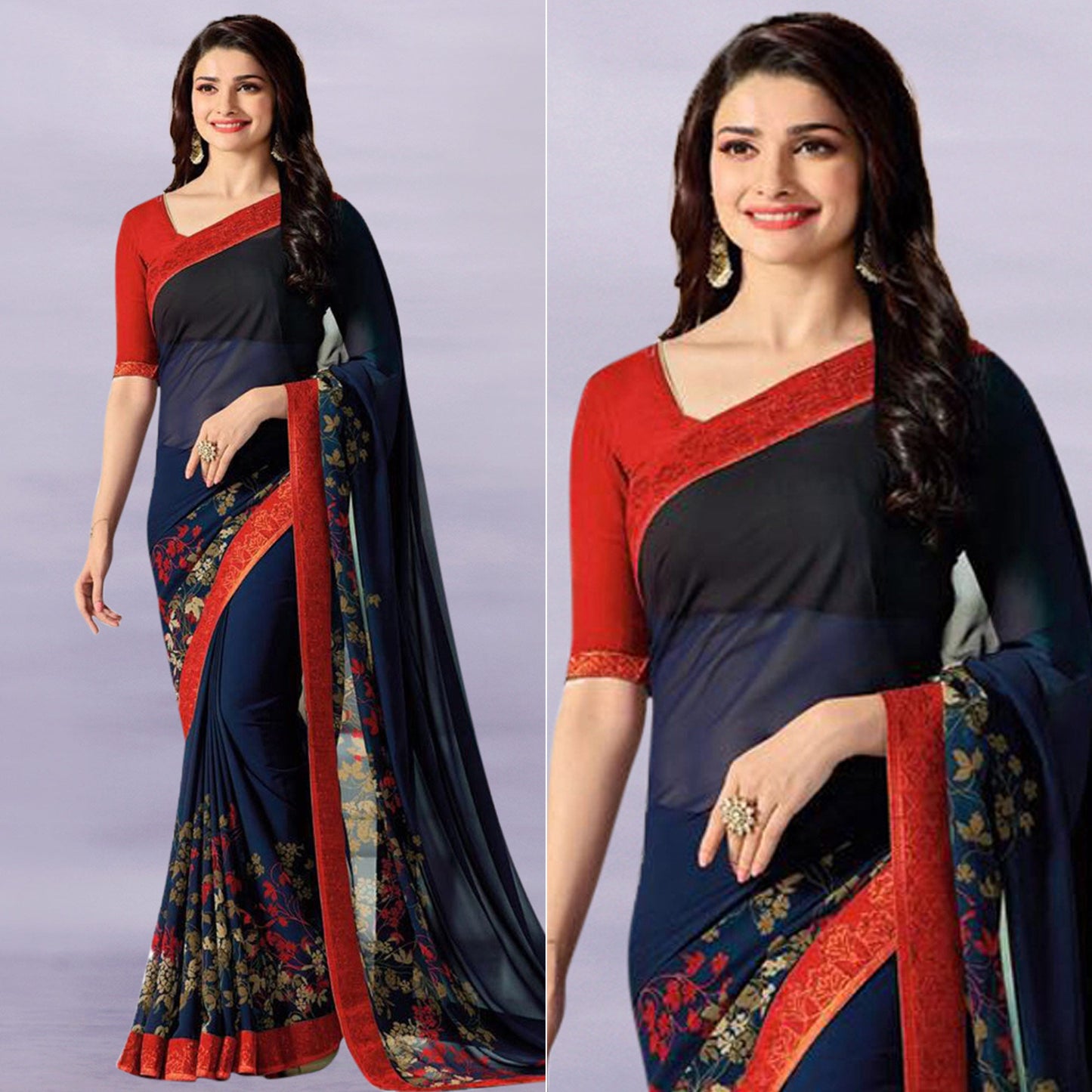 Navy Blue & Red Floral Printed Georgette Saree