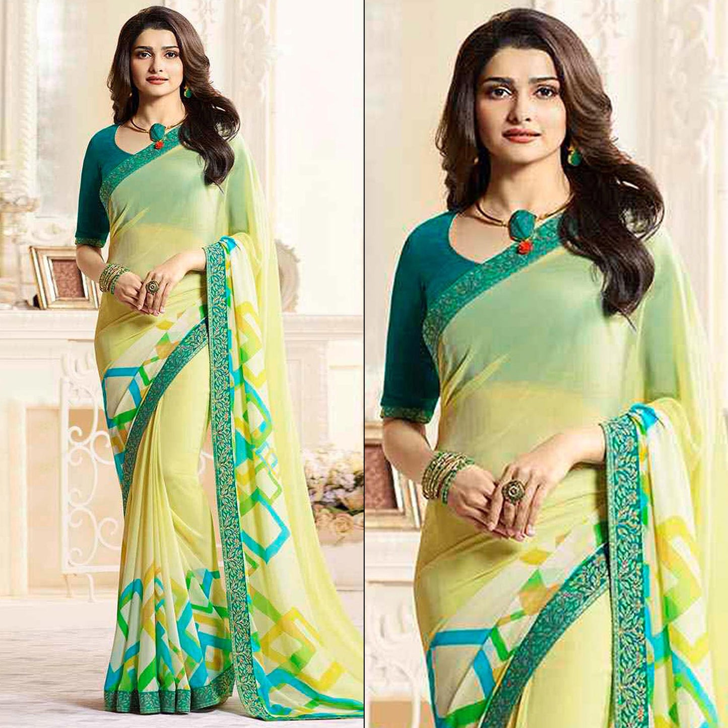 Lemon Yellow Printed Georgette Saree With Lace Border