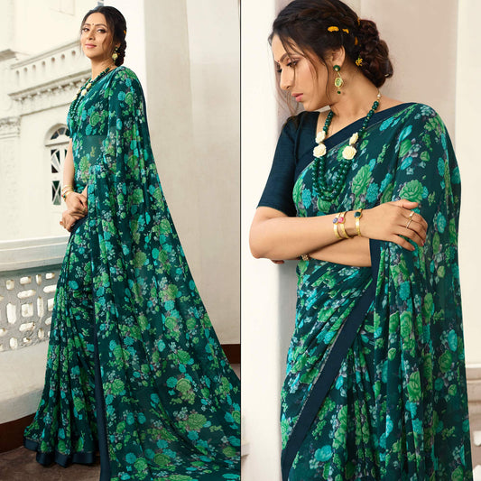 Green Floral Printed Georgette Saree