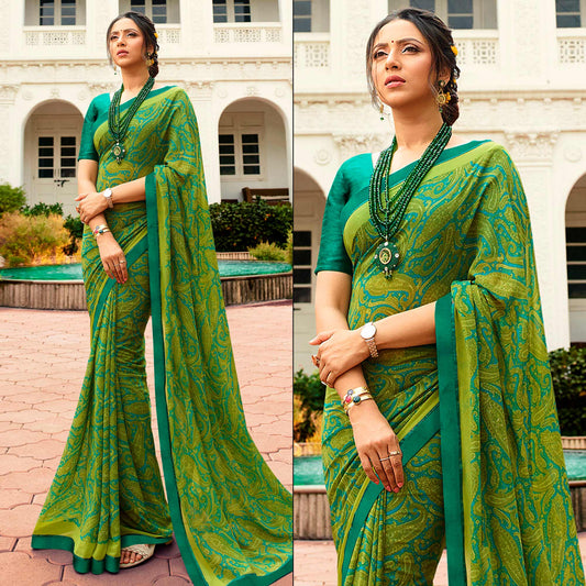 Green Printed Georgette Saree