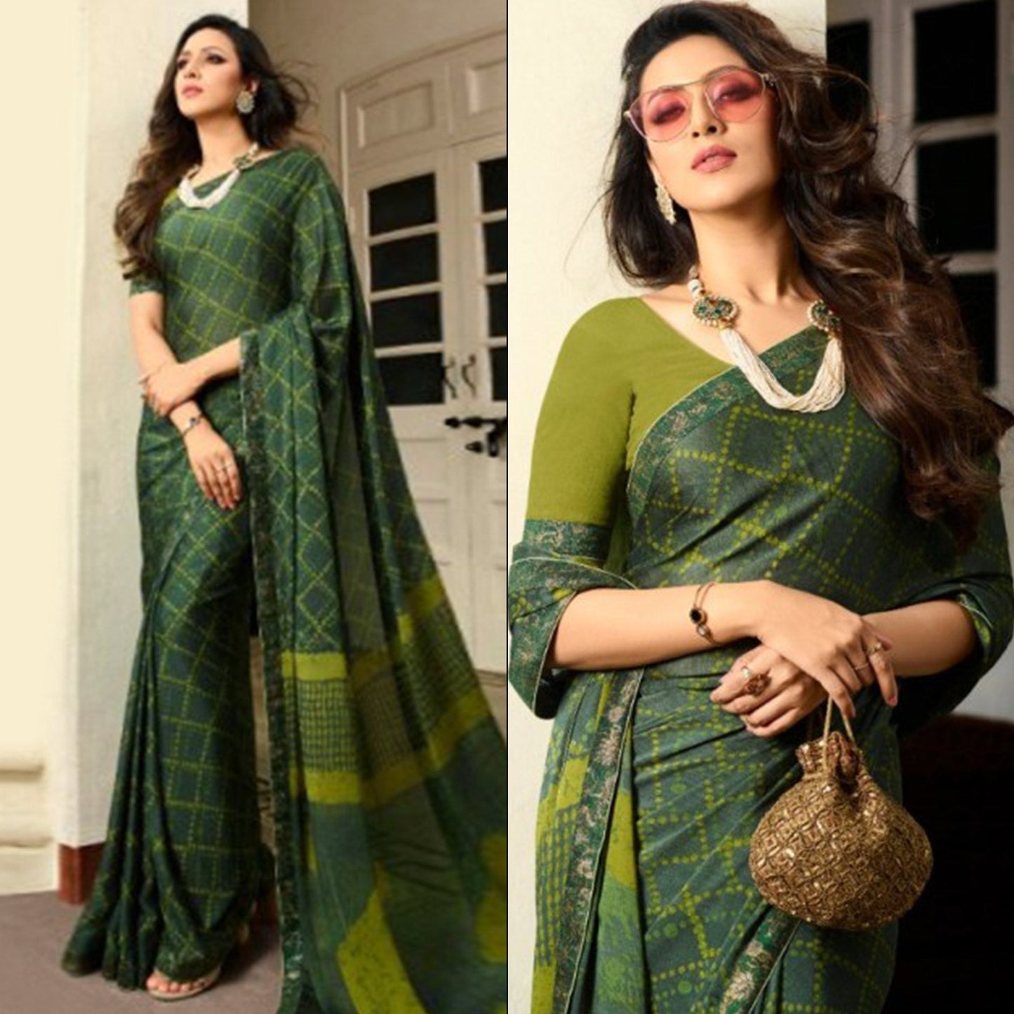 Green Printed Art Silk Saree With Lace Border