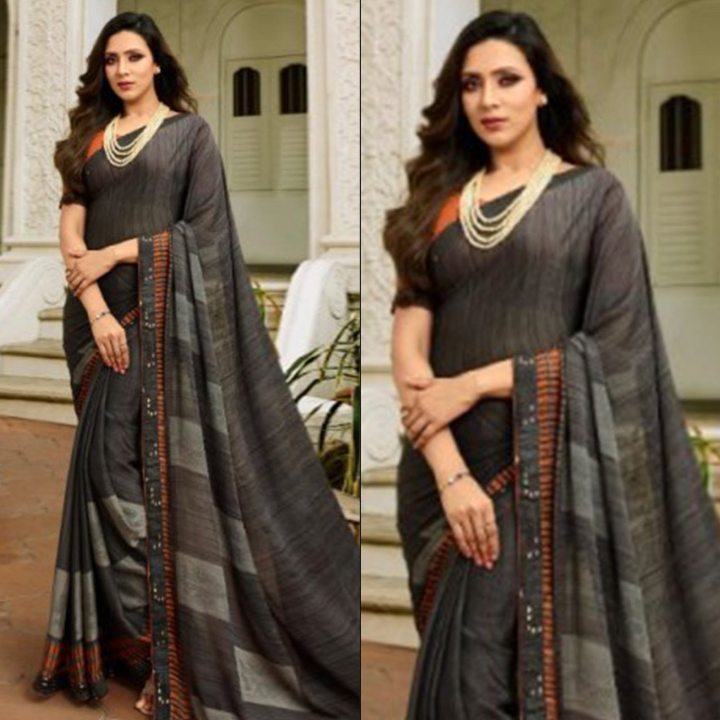 Grey Printed Art Silk Saree With Lace Border